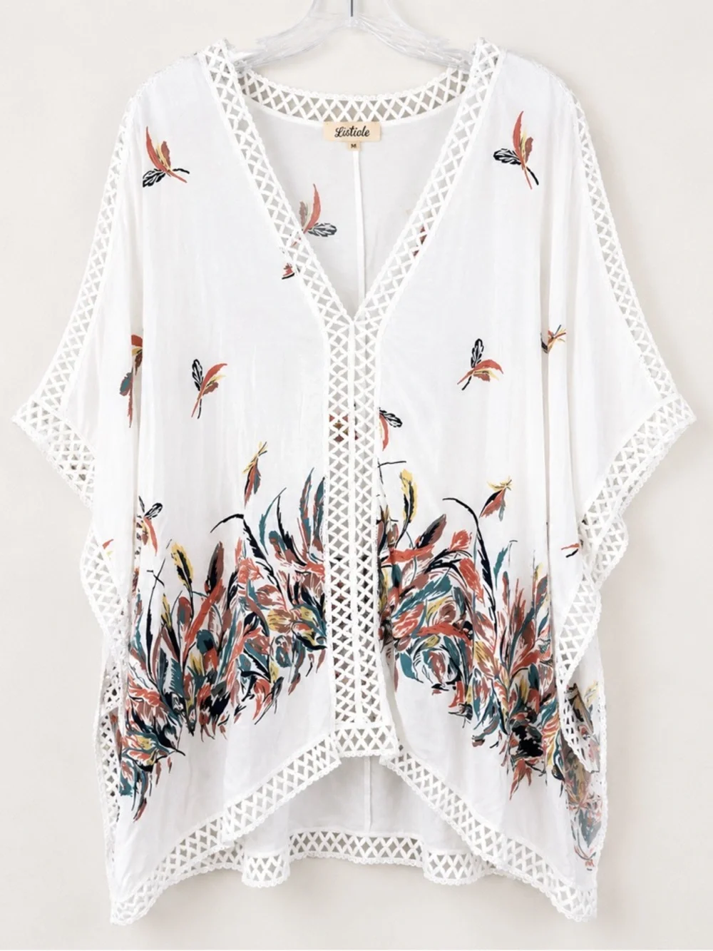 Listicle White Crochet Trim Floral Feather Swim Cover Up Poncho Top L Topper
